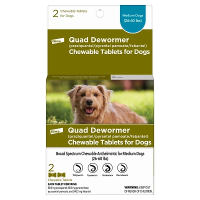 Elanco  - Quad Dewormer - Chewable Tablet for Tapeworms,  Roundworms,  Hookworms & Whipworms - Medium Dogs 26-60 lbs