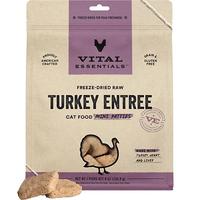 Vital Essentials - Freeze Dried Raw Cat Food - High Protein,  Grain Free & Limited Ingredient Mini Patties - Turkey Entrée