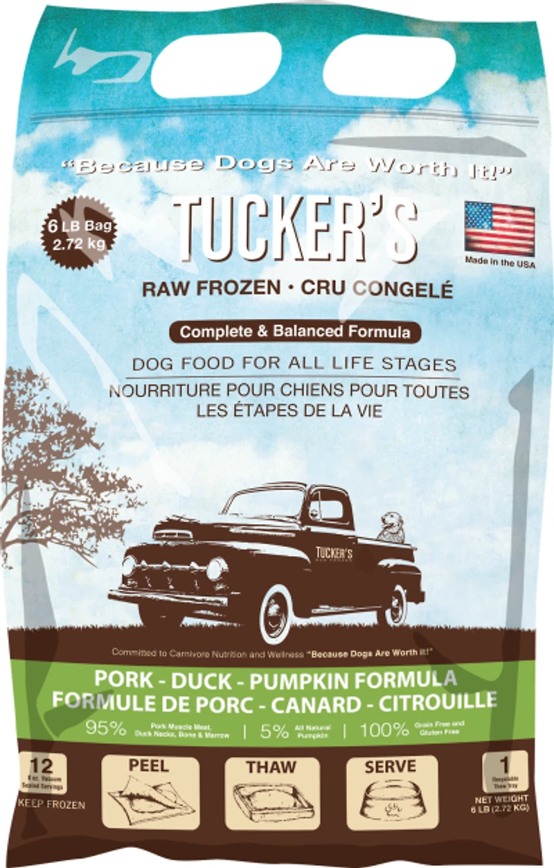 Tucker's - Raw Frozen Dog Food - Grain Free & High Protein Complete Diet - Pork, Duck, & Pumpkin Formula