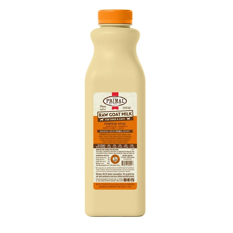 Primal - Raw Goat Milk for Dogs & Cats - Digestive Support & Hydration - Pumpkin Spice Recipe
