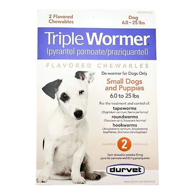 Durvet - Triple Wormer - Flavored Chewable Dewormer Tablet for Tapeworms,  Roundworms & Hookworms - Puppies & Small Dogs