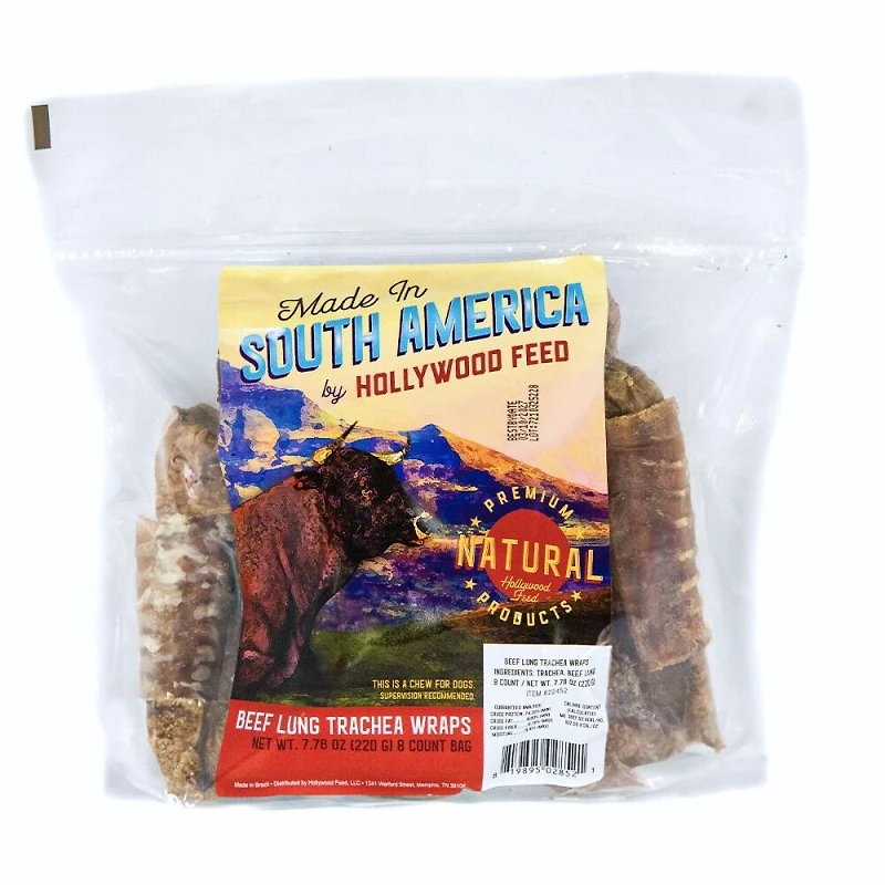 Made In South America - Premium Natural Dog Chew - Single Ingredient Beef Lung Trachea Wraps - 8 Pack