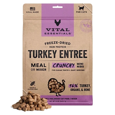 Vital Essentials - Freeze Dried Raw Cat Food - High Protein,  Grain Free & Limited Ingredient - Crunchy Mini Nibs - Turkey Entrée
