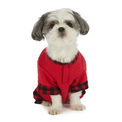 Hotel Doggy - Dog Pajamas - Quilted Fleece Onesie with Buffalo Check Cuffs