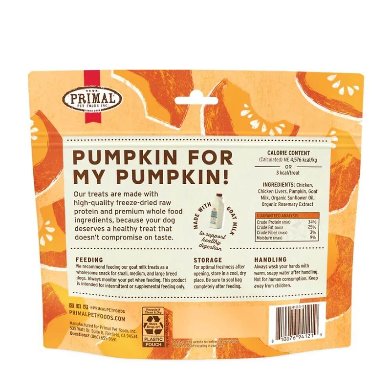 Primal - Freeze Dried Raw Dog Treat - All Natural with Probiotics - Pumpkin For My Pumpkin - Chicken,  Pumpkin & Goat Milk