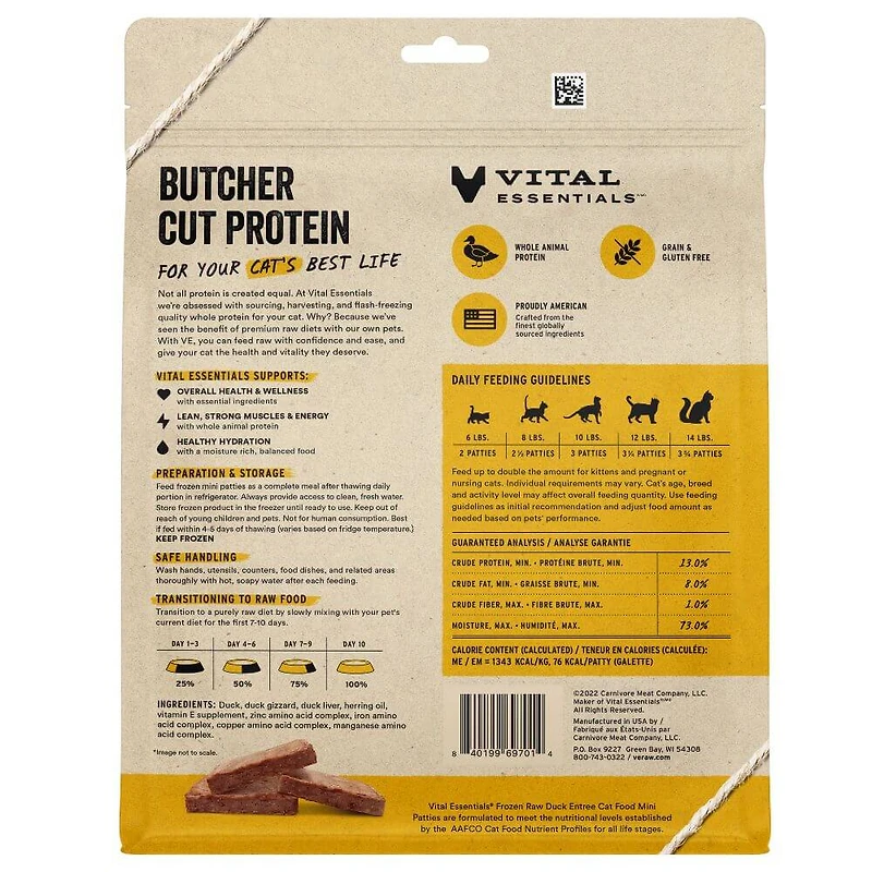 Vital Essentials - Frozen Raw Cat Food - High Protein,  Grain Free & Limited Ingredient Mini Patties - Duck Entrée