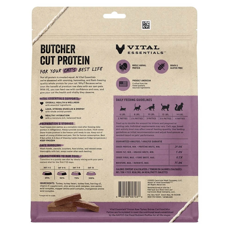Vital Essentials - Frozen Raw Cat Food - High Protein,  Grain Free & Limited Ingredient Mini Patties - Turkey Entrée