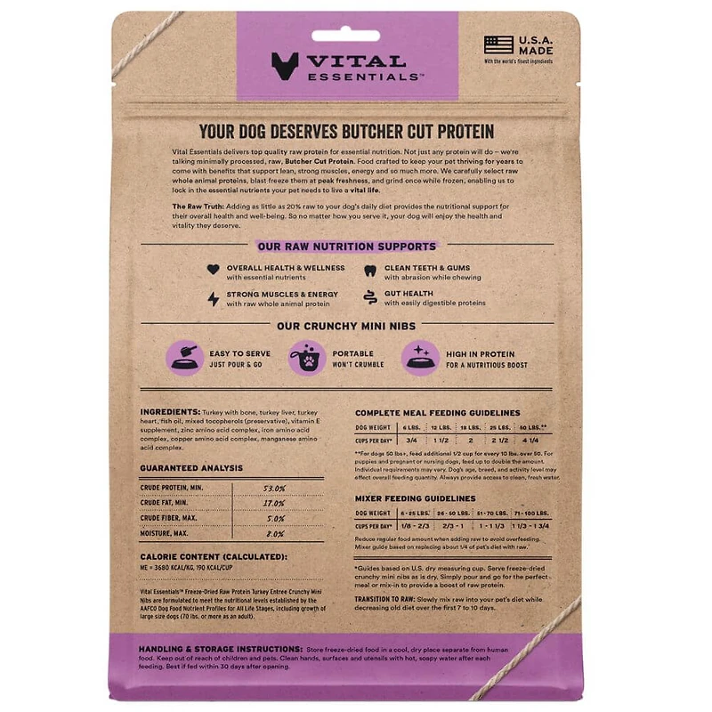 Vital Essentials - Freeze Dried Raw Dog Food - High Protein,  Grain Free & Limited Ingredient Crunchy Mini Nibs - Turkey Entrée
