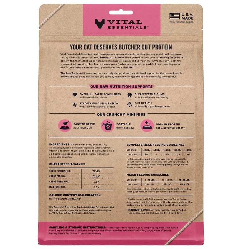 Vital Essentials - Freeze Dried Raw Cat Food - High Protein,  Grain Free & Limited Ingredient - Crunchy Mini Nibs - Chicken Entrée