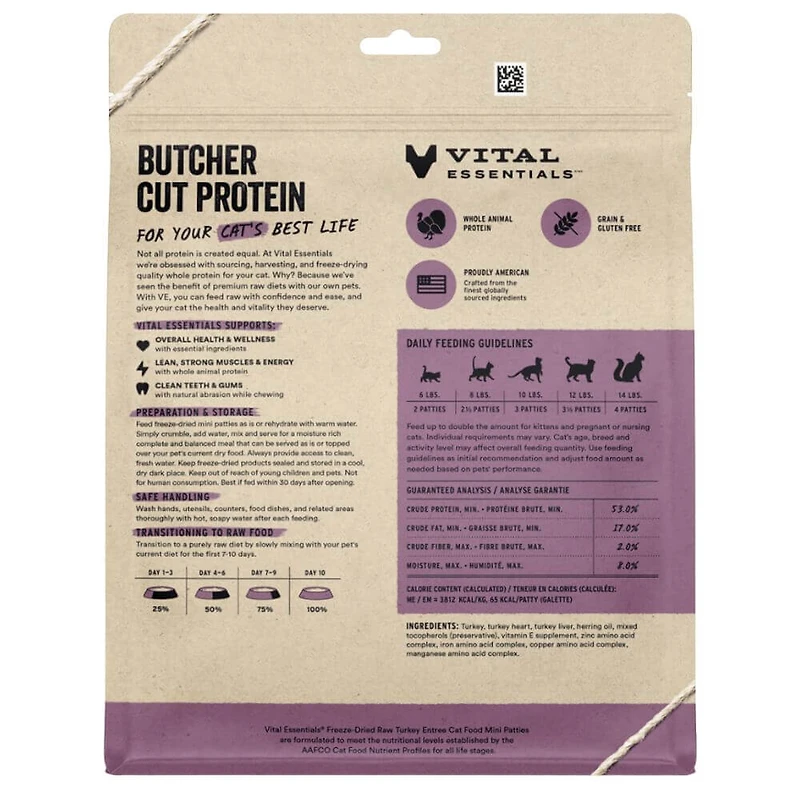 Vital Essentials - Freeze Dried Raw Cat Food - High Protein,  Grain Free & Limited Ingredient Mini Patties - Turkey Entrée