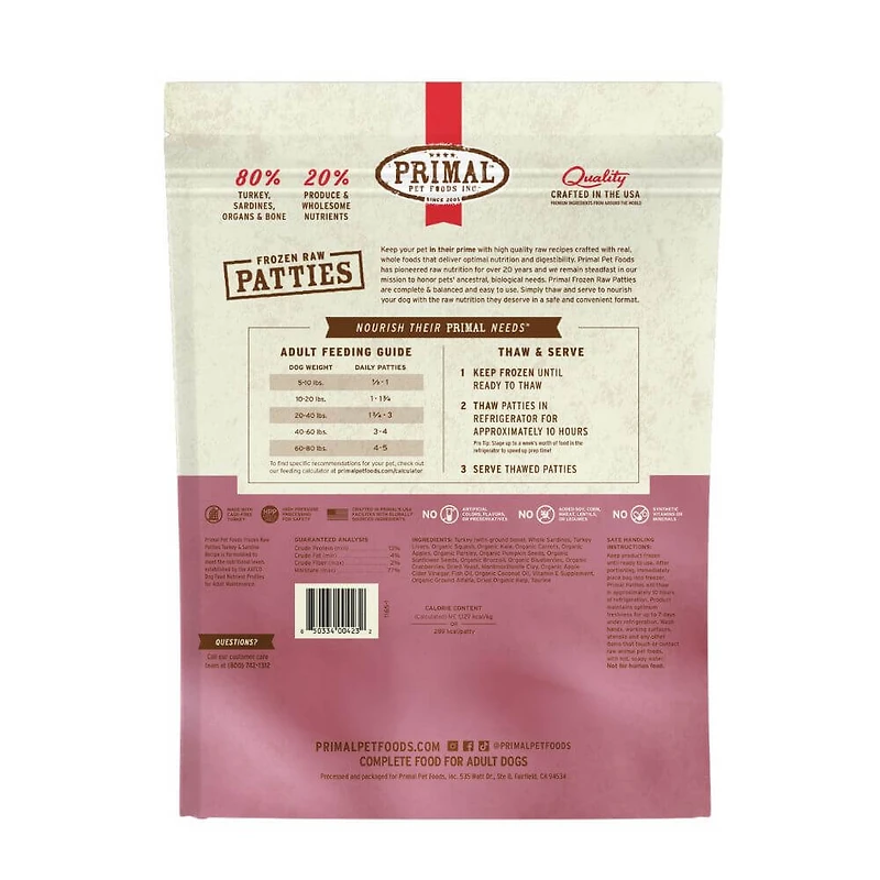 Primal - Frozen Dog Food Patties - Raw & Natural Nutrition - Turkey & Sardine Recipe