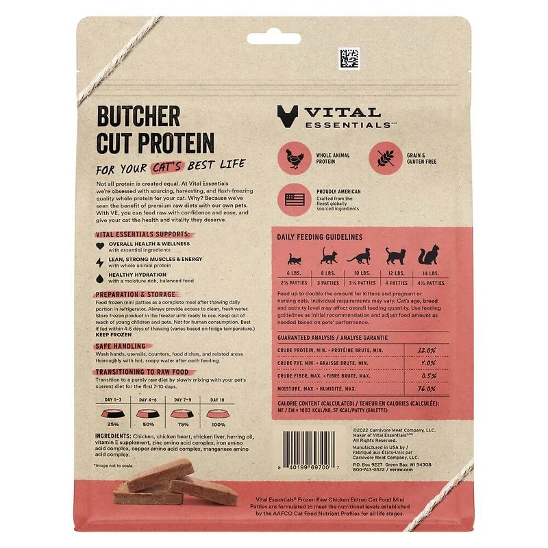 Vital Essentials - Frozen Raw Cat Food - High Protein,  Grain Free & Limited Ingredient Mini Patties - Chicken Entrée