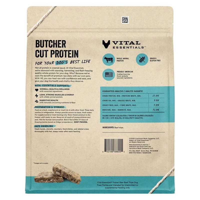Vital Essentials - Frozen Raw Dog Treat - High Protein,  Grain Free & Limited Ingredient Patties - Beef Tripe