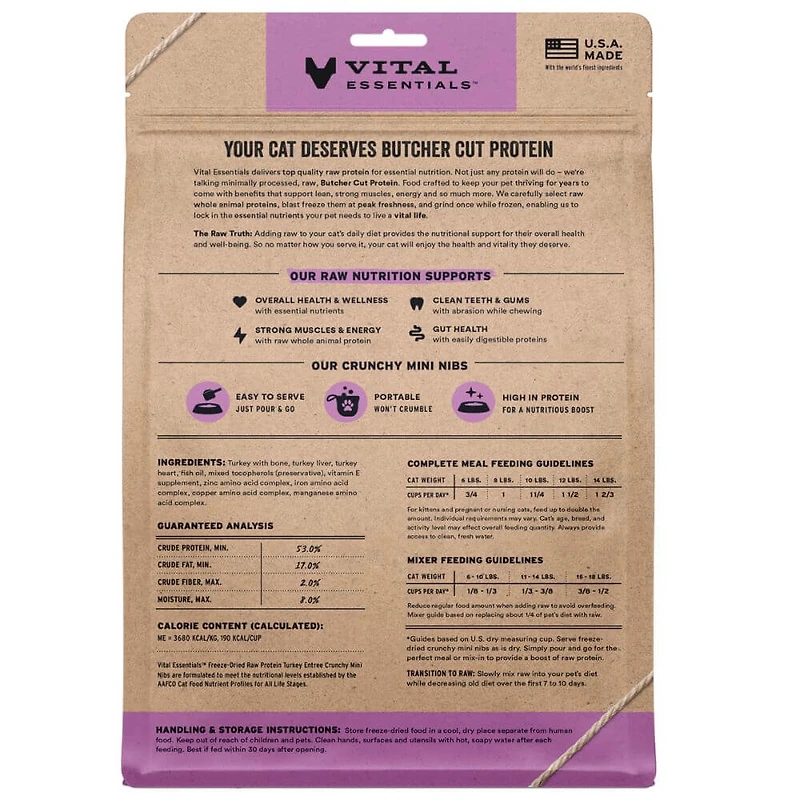 Vital Essentials - Freeze Dried Raw Cat Food - High Protein,  Grain Free & Limited Ingredient - Crunchy Mini Nibs - Turkey Entrée