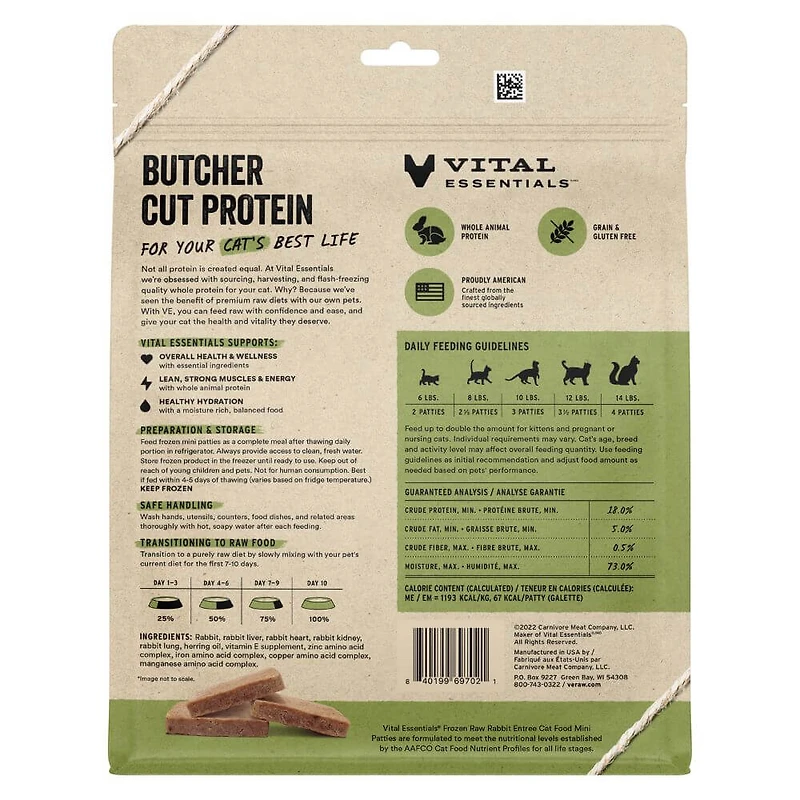 Vital Essentials - Frozen Raw Cat Food - High Protein,  Grain Free & Limited Ingredient Mini Patties - Rabbit Entrée