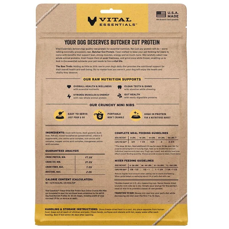 Vital Essentials - Freeze Dried Raw Dog Food - High Protein,  Grain Free & Limited Ingredient Crunchy Mini Nibs - Duck Entrée