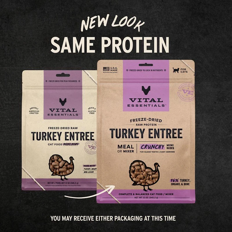 Vital Essentials - Freeze Dried Raw Cat Food - High Protein,  Grain Free & Limited Ingredient - Crunchy Mini Nibs - Turkey Entrée