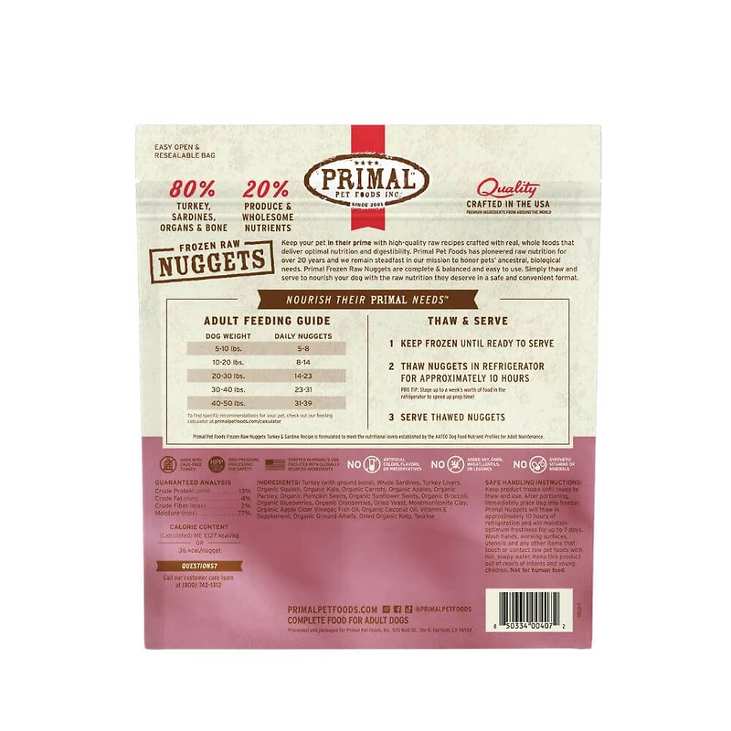 Primal - Frozen Dog Food Nuggets - Raw & Natural Nutrition - Turkey & Sardine Recipe