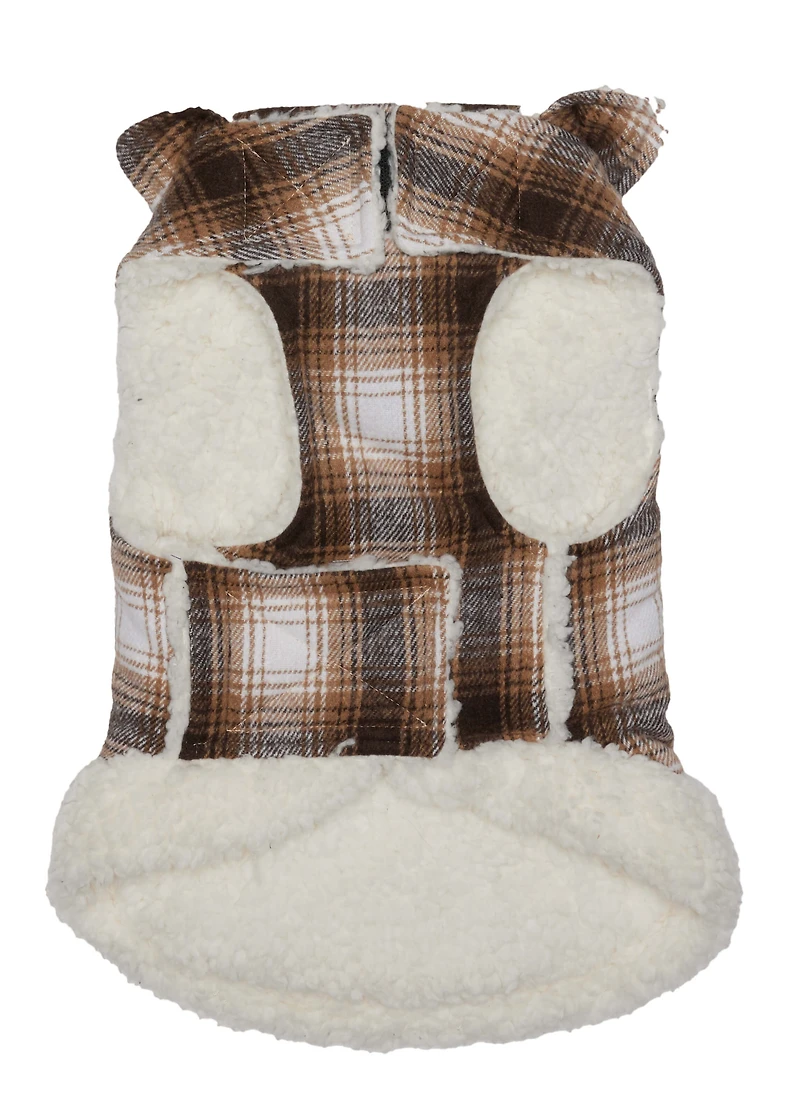 Hotel Doggy - Pet Coat - Neutral Plaid with Sherpa Lining