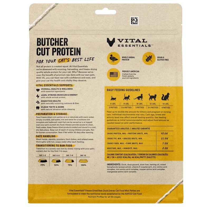Vital Essentials - Freeze Dried Raw Cat Food - High Protein,  Grain Free & Limited Ingredient Mini Patties - Duck Entrée