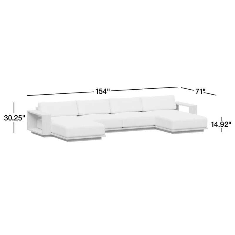 Mallorca Wood Double-Chaise Outdoor Sectional Sofa with Ivory Cushions