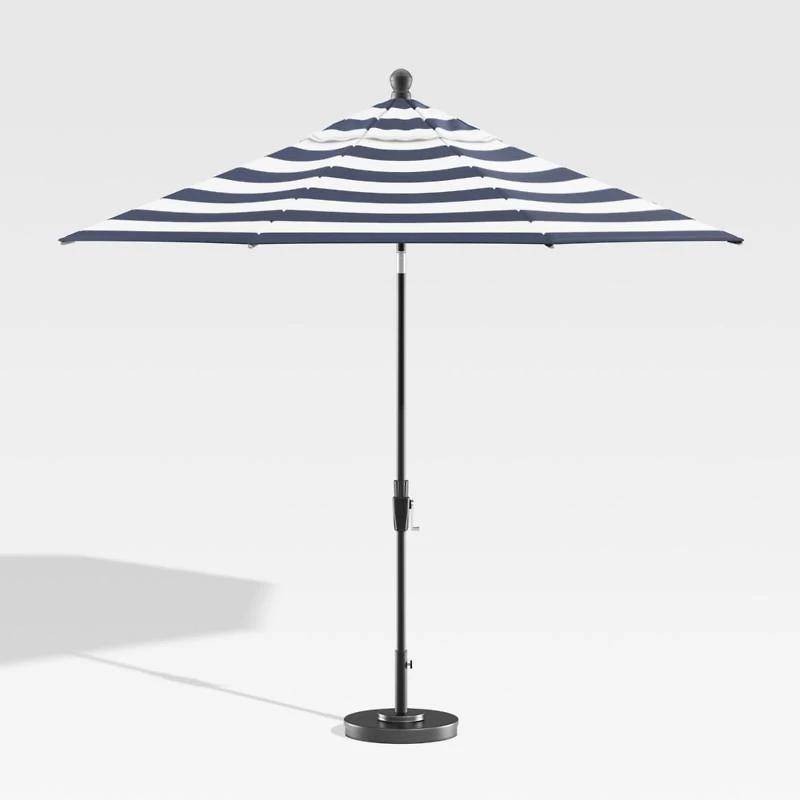 9' Round Sunbrella ® Cabana Stripe Navy Outdoor Patio Umbrella with Tilt Black Frame