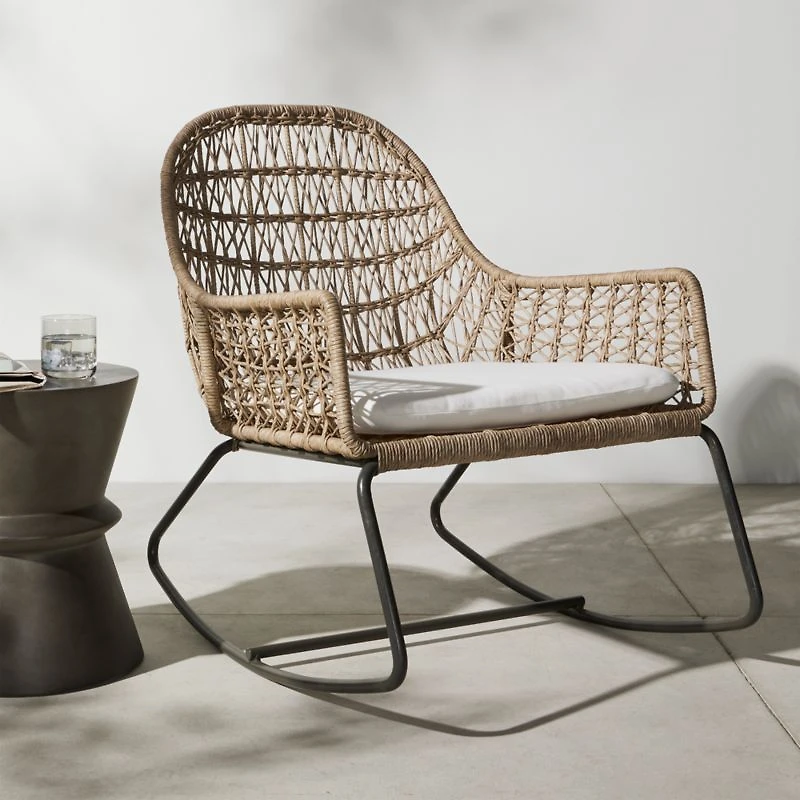 Abie Natural Beige Wicker Outdoor Rocking Chair with White Cushion