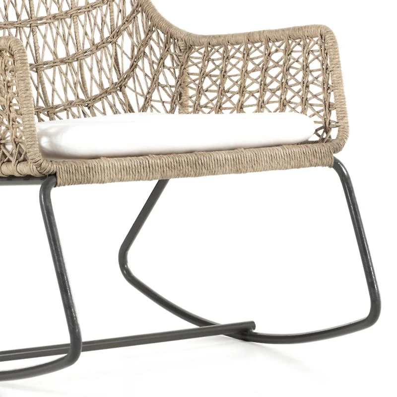 Abie Natural Beige Wicker Outdoor Rocking Chair with White Cushion