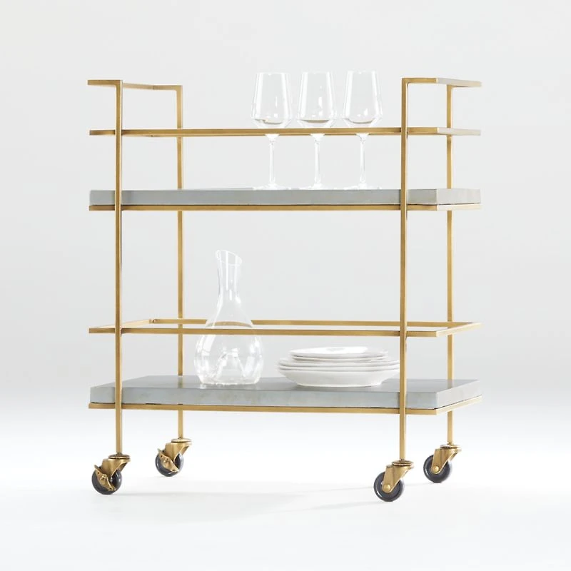 Adina Brass Cart with Silver Leaf Concrete Shelves