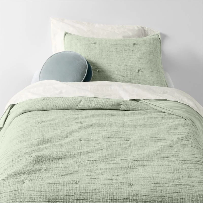 Aire Muted Teal Crinkle Hand-Quilted Organic Cotton Kids Twin Comforter