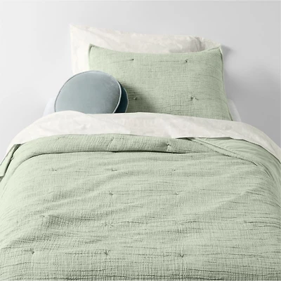 Aire Muted Teal Crinkle Hand-Quilted Organic Cotton Kids Twin Comforter