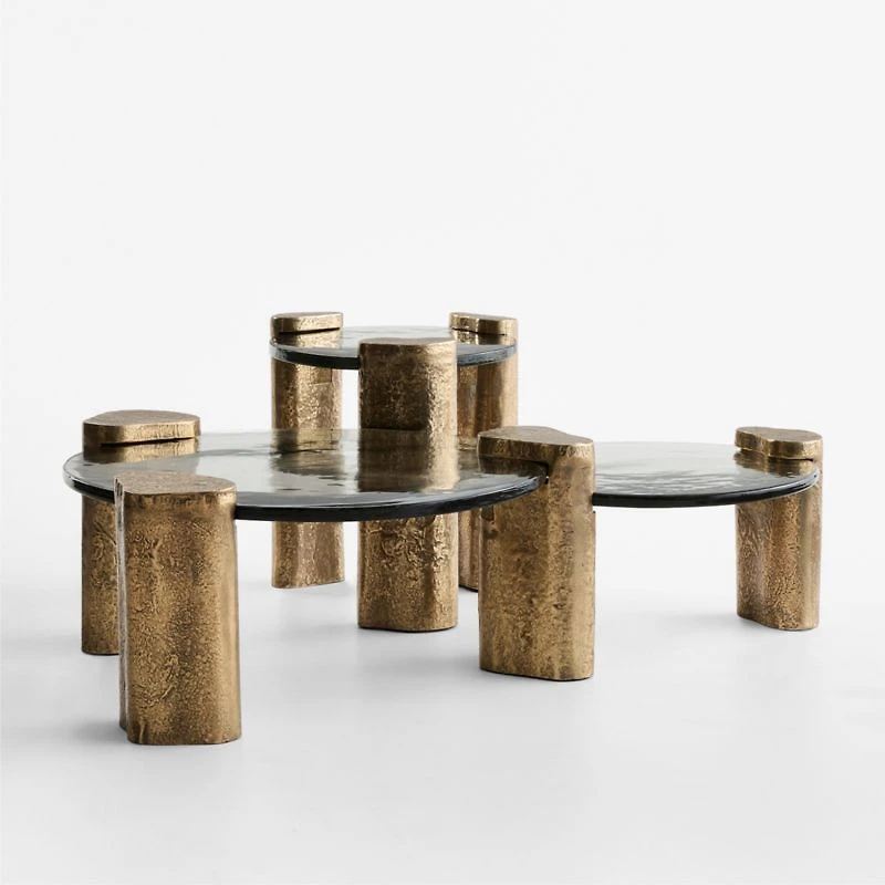 Alchemy Burnished Brass and Cast Glass Tiered Round Coffee Table and End Table Set