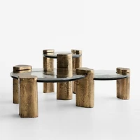 Alchemy Burnished Brass and Cast Glass Tiered Round Coffee Table and End Table Set