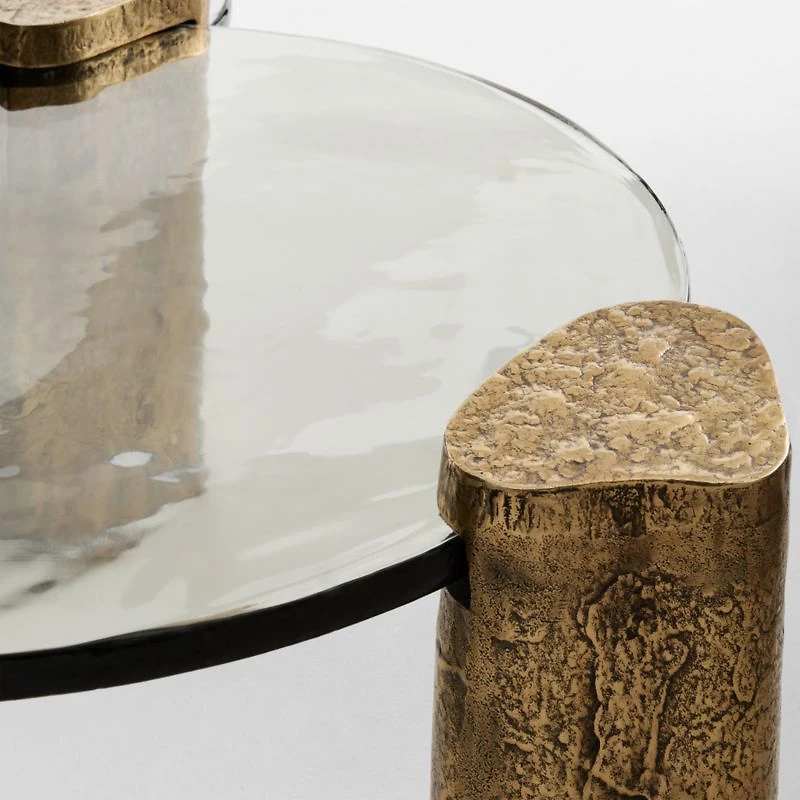 Alchemy Burnished Brass and Cast Glass Tiered Round Coffee Table and End Table Set
