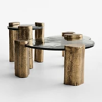 Alchemy Burnished Brass and Cast Glass Tiered Round Coffee Table and End Table Set