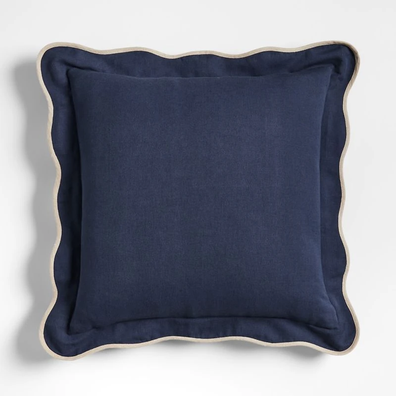 Amalfi Cotton Linen Scallop Edge 23''x23 Deep Indigo Blue Throw Pillow Cover