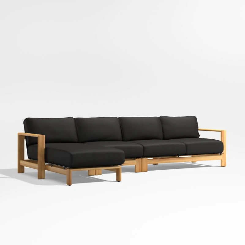Anguilla Teak -Piece Left-Arm Chaise Outdoor Sectional Sofa with Black Cushions