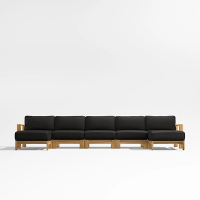 Anguilla Teak 5-Piece Double-Chaise Outdoor Sectional Sofa with Black Cushions