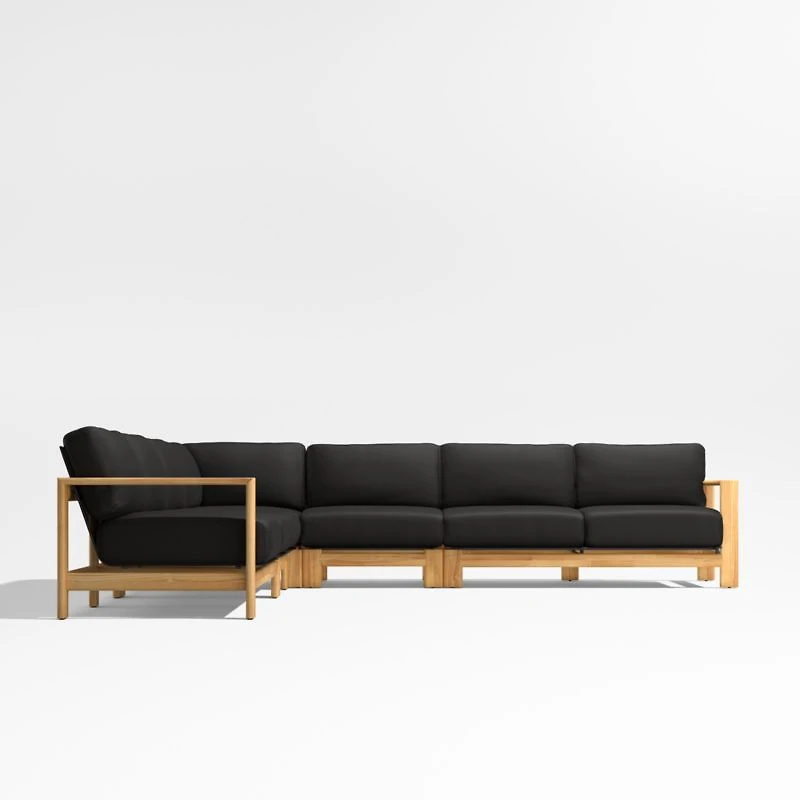 Anguilla Teak 5-Piece L-Shaped Outdoor Sectional Sofa with Black Cushions