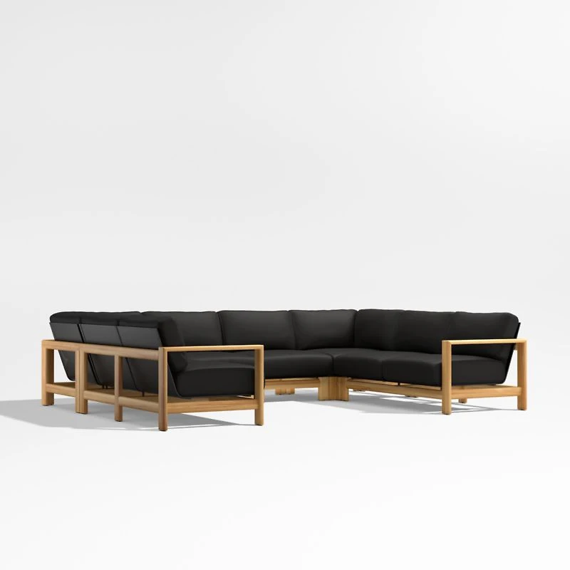 Anguilla Teak 6-Piece U-Shaped Outdoor Sectional Sofa with Black Cushions