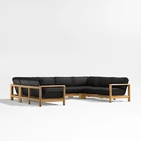 Anguilla Teak 6-Piece U-Shaped Outdoor Sectional Sofa with Black Cushions