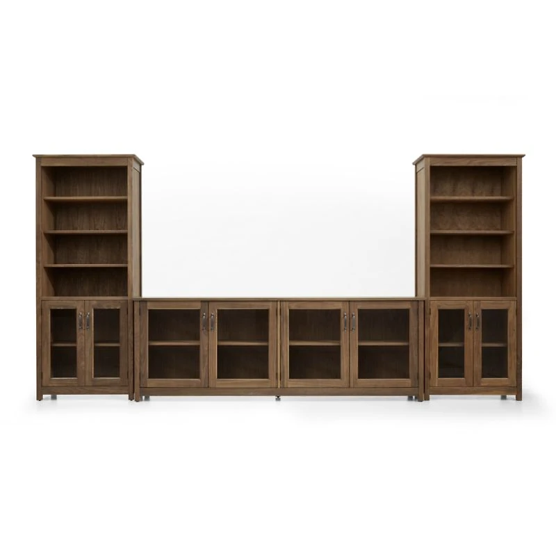 Ainsworth Walnut 85" Storage Media Console and Two 30" Towers with Glass/Wood Doors