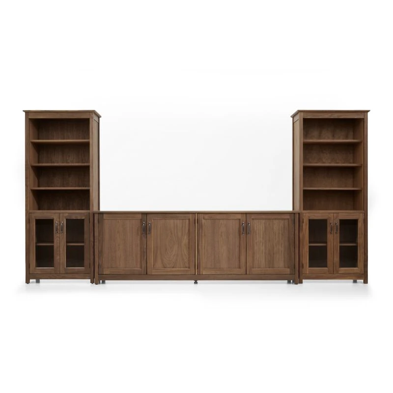 Ainsworth Walnut 85" Storage Media Console and Two 30" Towers with Glass/Wood Doors