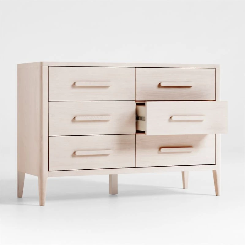 Archie 50" Whitewashed Ash Wood Wide 6-Drawer Kids Dresser