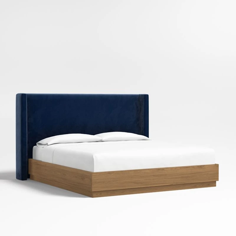 Arden 52" Navy King Upholstered Headboard with Batten Brown Oak Bed Base