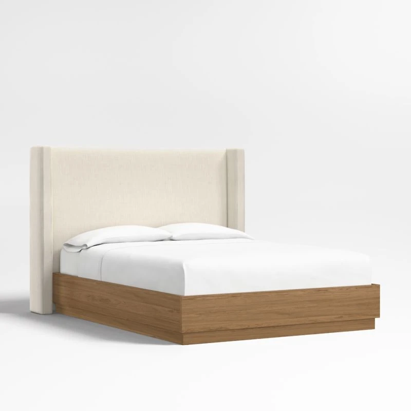 Arden 52" Ivory Upholstered Queen Headboard with Batten Brown Oak Bed Base