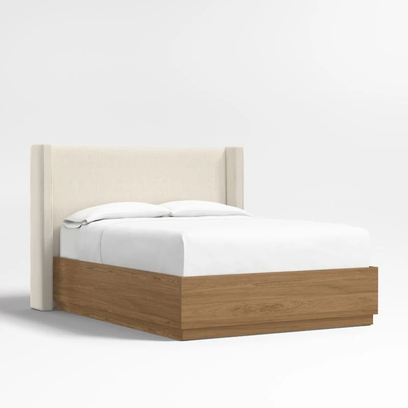 Arden 52" Ivory Upholstered King Headboard with Batten Brown Oak Storage Bed Base
