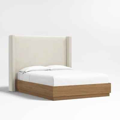 Arden 60" Beige Upholstered Queen Headboard with Batten Brown Oak Bed Base