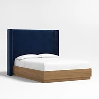 Arden 60" Navy Queen Upholstered Headboard with Batten Brown Oak Bed Base