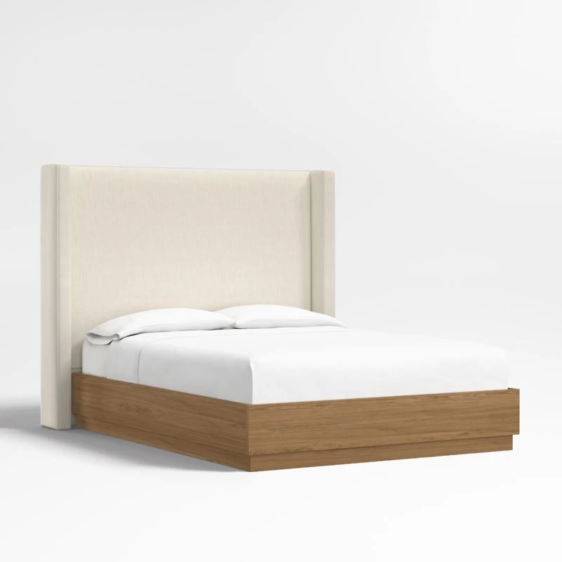 Arden 60" Ivory Upholstered Queen Headboard with Batten Brown Oak Bed Base